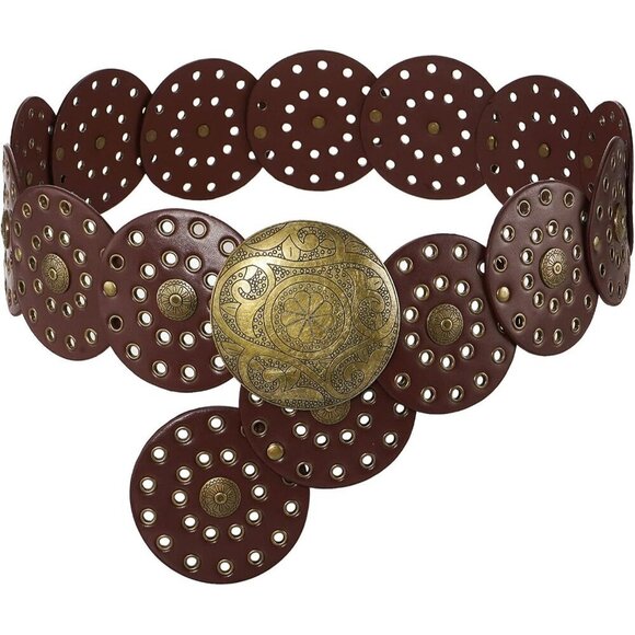 Leather Wide Disc Belt for Women Vintage Western Adjustable Waist Accessory